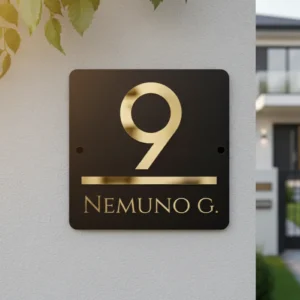 Modernus juodas namo numeris su veidrodiniu auksiniu gatvės pavadinimu, modelis V1, montuojamas su metaliniais distanciniais laikikliais.