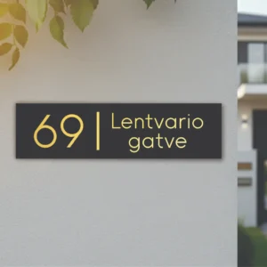 Moderni namo numerio lentelė iš juodo organinio stiklo su 3D efekto veidrodinio aukso spalvos skaičiais ir gatvės pavadinimu