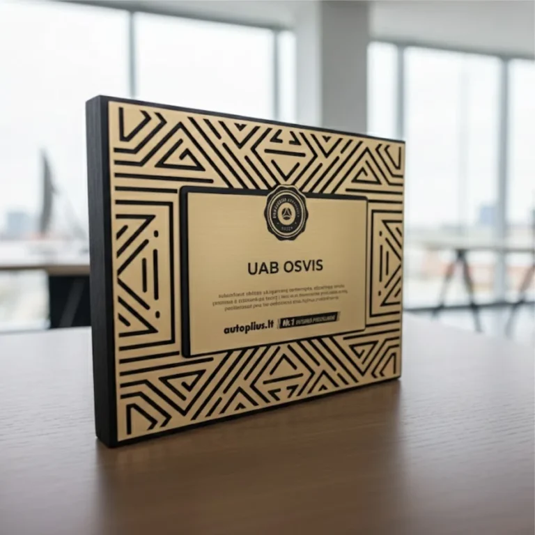 Prabangus medinis apdovanojimas su juodais raštais ir auksine graviruota lentele