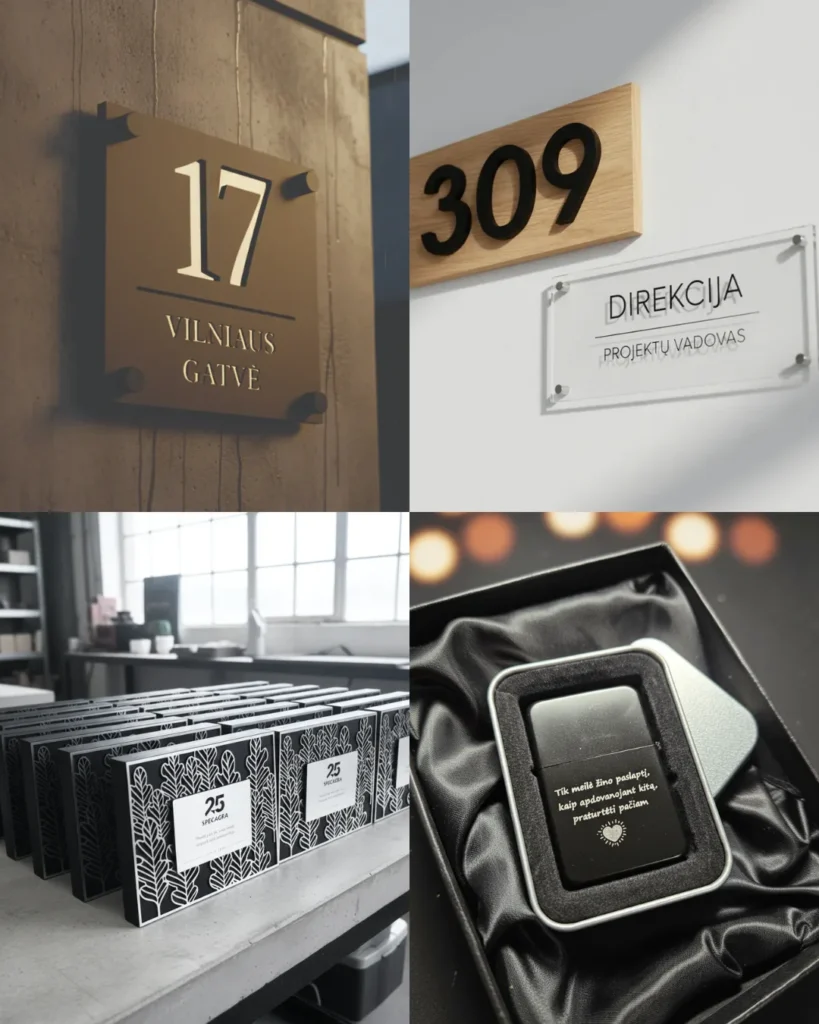 Reklamos gamyba ir graviravimo paslaugos: estetiški namo numeriai, kabinetų lentelės, verslo dovanos ir personalizuota spauda ant tekstilės mobili versija