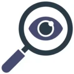 Didinamojo stiklo ir akies piktograma, vaizduojanti puikų informacinių lentelių įskaitomumą ir gerą matomumą iš didelio atstumo