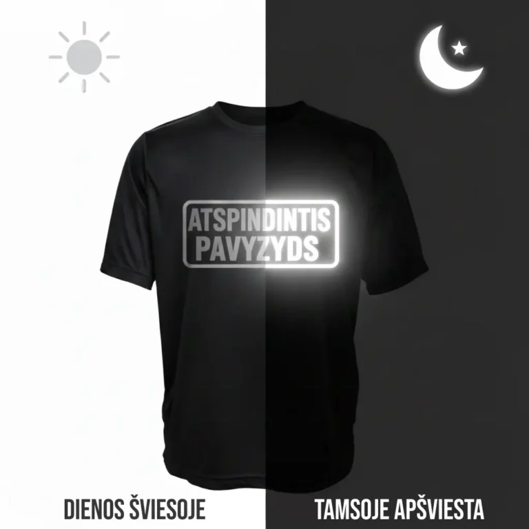 Šviesą atspindinti spauda ant juodo džemperio su gobtuvu – logotipo perkėlimas ant tekstilės, pavyzdys dieną ir naktį