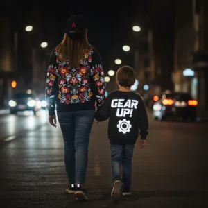 Matomumą užtikrinanti reflective spauda ant vaikiško džemperio nugaros „Gear Up“