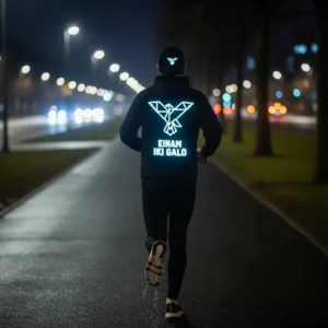 Atspindinti (reflective) vinilo spauda ant bėgimo džemperio nugaros tamsiu paros metu.