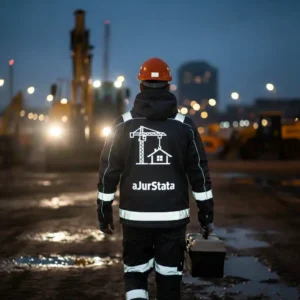 Profesionalus įmonės logotipas ant statybininko striukės nugaros naudojant termo pernešimą.