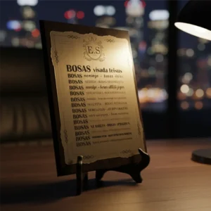 Tamsaus medžio plaketė su auksine metaline plokštele, kurioje išgraviruotas tekstas „Bosas visada teisus“ ir kitos šmaikščios taisyklės, pastatyta ant darbo stalo naktinio miesto fone