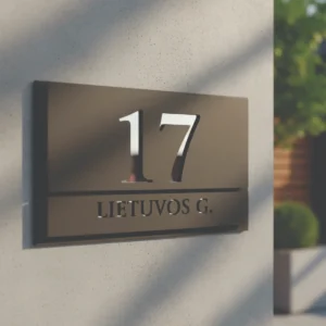 Juodas namo numeris su sidabrine veidrodine plokšte, pakabintas ant sienos