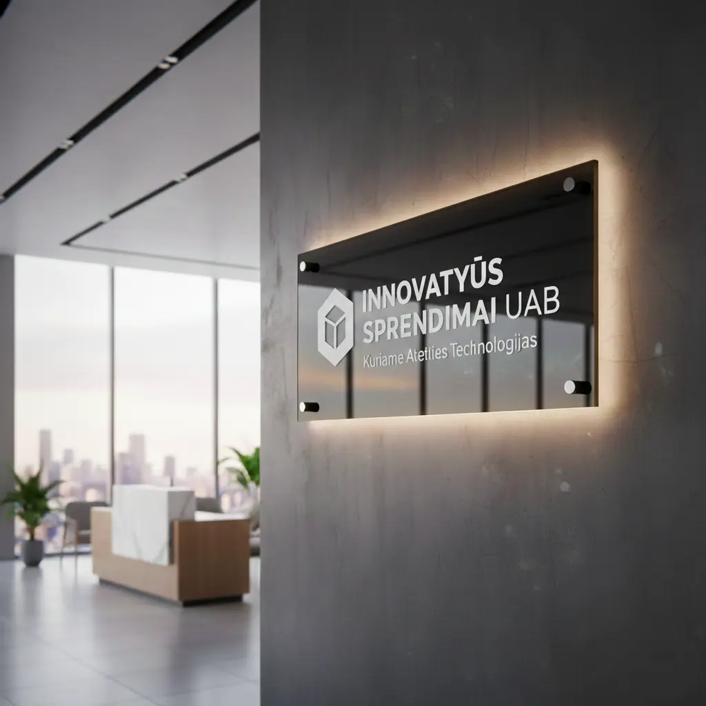 Moderni reprezentacinė lentelė su distanciniais laikikliais ir šviečiančiu kontūru, pabrėžianti įmonės prekės ženklą šiuolaikiniame biuro interjere.