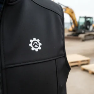 Mažas baltas įmonės logotipas ant juodos darbinės liemenės krūtinės, vinilo technologija.