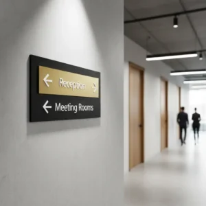 Stilinga kryptinė nuoroda biurui: juoda matinė lenta su 3D rodyklėmis ir auksinės spalvos skydeliu, pritvirtinta prie pilkos betono imitacijos sienos