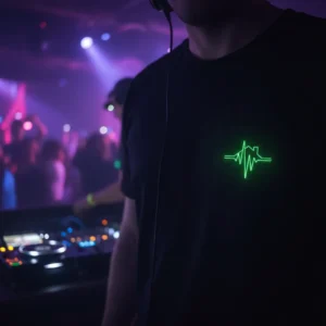 Ryški neoninė žalios spalvos spauda ant marškinėlių krūtinės kišenės srityje.