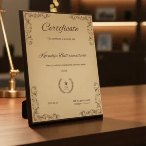 Auksinio atspalvio graviruota metalinė lentelė ant medinio pagrindo – Kornelijos Baltramaitienės „Hair extension trainer“ kurso baigimo sertifikatas, stovintis ant prabangaus medinio stalo