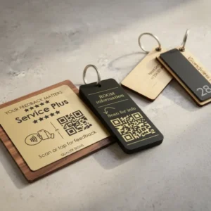 Prabangūs metaliniai identifikavimo žetonai, vardinės lentelės viešbučiams ir personalizuoti ID pakabukai ant medinio stalo