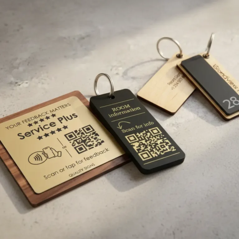 Prabangūs metaliniai identifikavimo žetonai, vardinės lentelės viešbučiams ir personalizuoti ID pakabukai ant medinio stalo