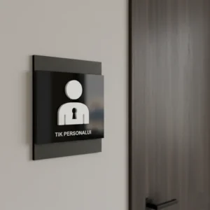 Aukštos kokybės 3D informacinis ženklas 'Tik personalui', pagamintas iš juodo akrilo su iškilia simbolika, skirtas tarnybinėms patalpoms žymėti.