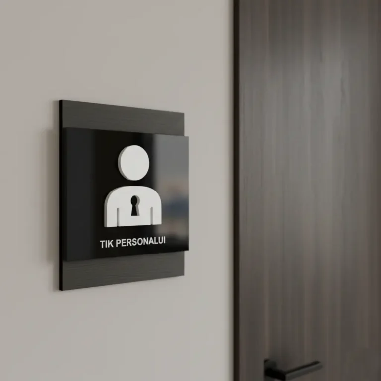 Aukštos kokybės 3D informacinis ženklas 'Tik personalui', pagamintas iš juodo akrilo su iškilia simbolika, skirtas tarnybinėms patalpoms žymėti.