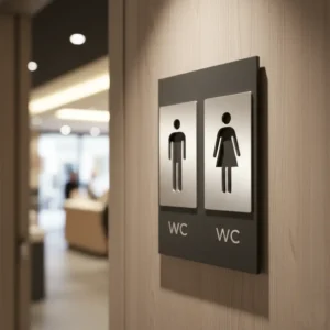 Modernūs WC ženklai su vyro ir moters simboliais, skirti biurams ir viešoms erdvėms