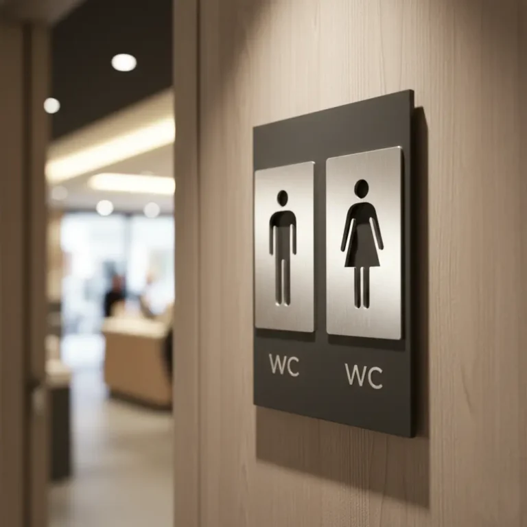 Modernūs WC ženklai su vyro ir moters simboliais, skirti biurams ir viešoms erdvėms