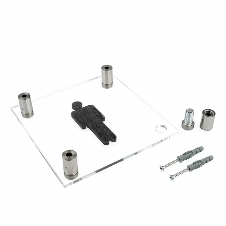 „Skaidri akrilinė vyrų tualeto informacinė lentelė su keturiais metaliniais distanciniais laikikliais ir varžtais.“