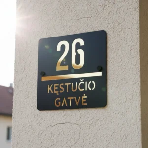 Moderni juodo akrilo namo numerio lentelė su auksinėmis raidėmis „26 Kęstučio gatvė“ ant šviesaus fasado.
