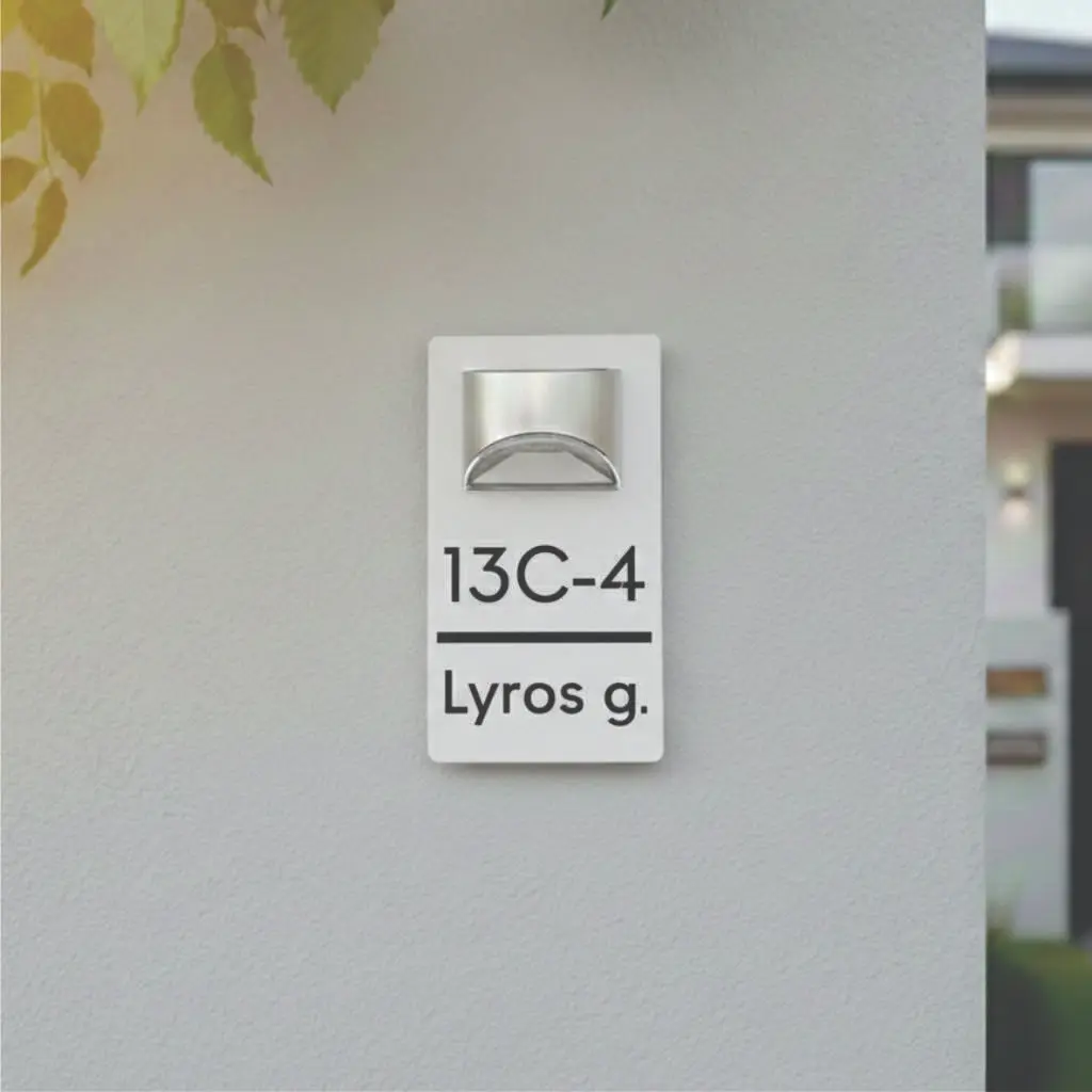 Moderni balta adreso lentelė su juodais skaičiais ir saulės energija įkraunamu LED šviestuvu