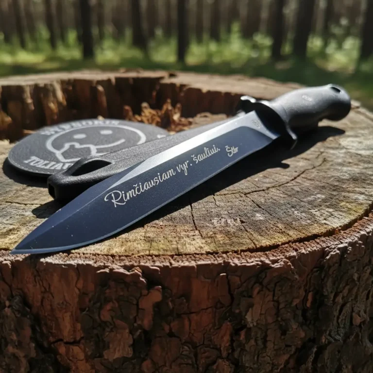 Lazeriu graviruotas juodas peilis su dedikacija kariui ant medinio kelmo