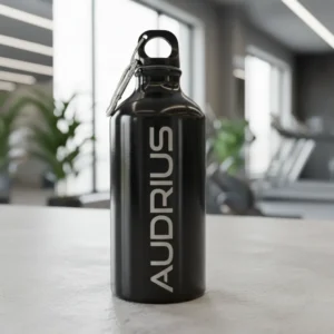 Juoda matinė aliumininė gertuvė su lazeriu išgraviruotu vardu „AUDRIUS“. Personalizuota sportinė gertuvė su karabinu, pavaizduota sporto salės fone. Kokybiškas lazerinis graviravimas ant metalinių gertuvių ir verslo dovanų.