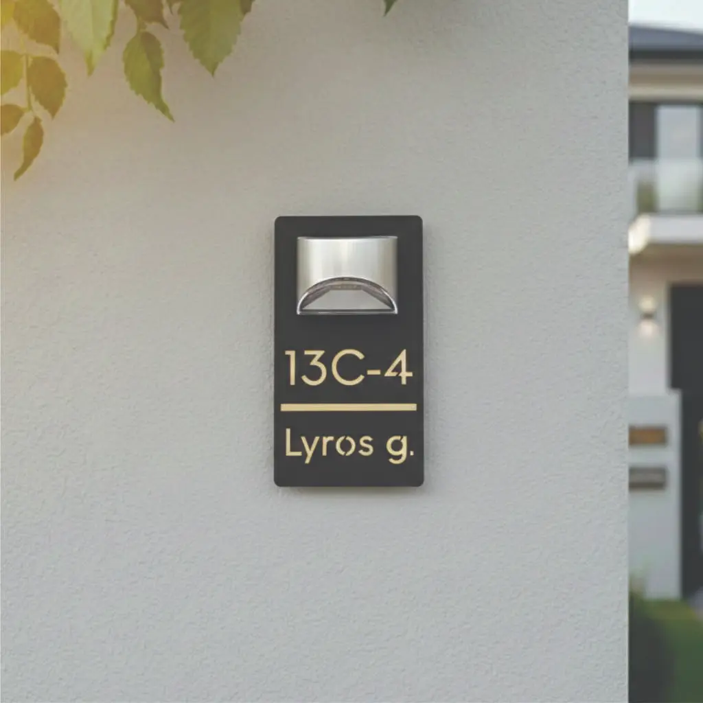 Moderni juoda adreso lentelė su veidrodinio aukso akrilo skaičiais ir soliariniu LED apšvietimu