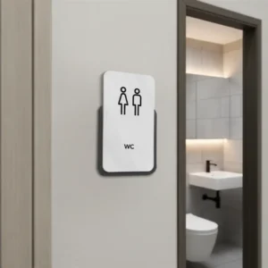 Modernus WC ženklas ant sienos prie įėjimo į minimalistinį vonios kambarį.