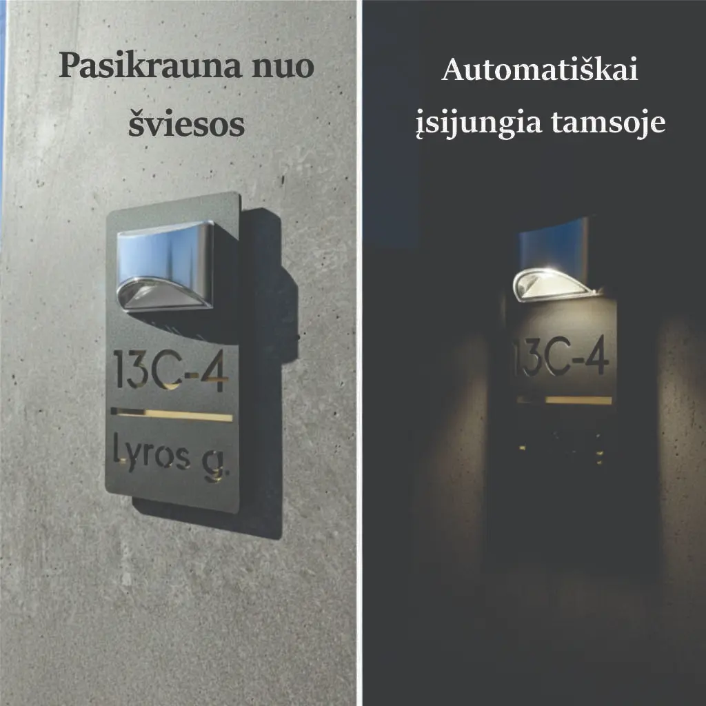 Namo numerio su apšvietimu veikimo pavyzdys: automatinis įsikrovimas dieną ir švietimas naktį.
