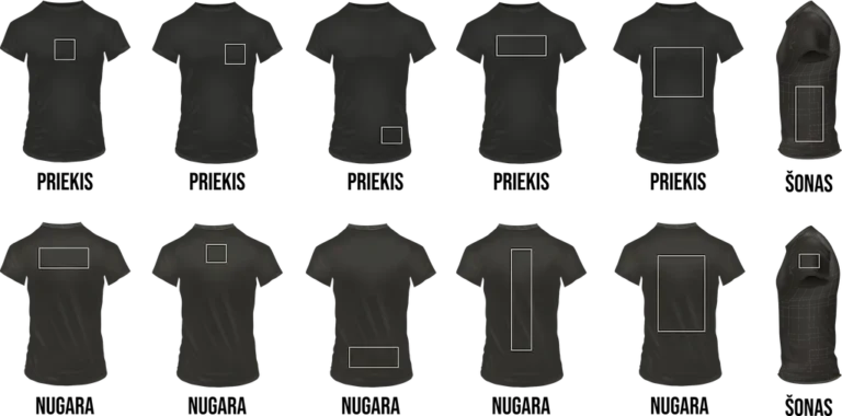 Spaudos vietų ant marškinėlių schema: priekis, nugara ir šonas