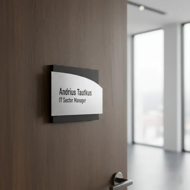 Moderni vardinė biuro lentelė su metaline plokštele ant tamsaus medžio pagrindo, pritvirtinta prie biuro durų.