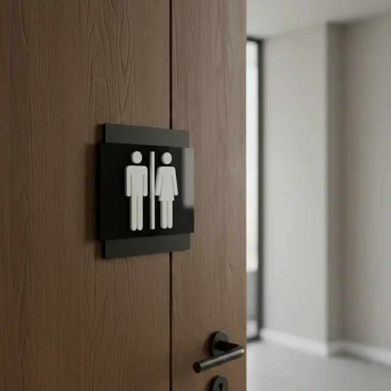 Juoda informacinė lentelė su baltais vyro ir moters simboliais, pritvirtinta prie rudos medžio tekstūros tualeto durų