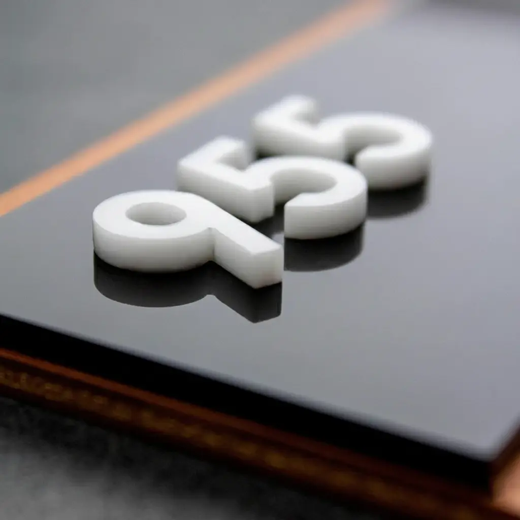 Artimas informacinės lentelės vaizdas: iškilios baltos akrilo raidės ant juodo blizgaus paviršiaus su ąžuolo spalvos pagrindu