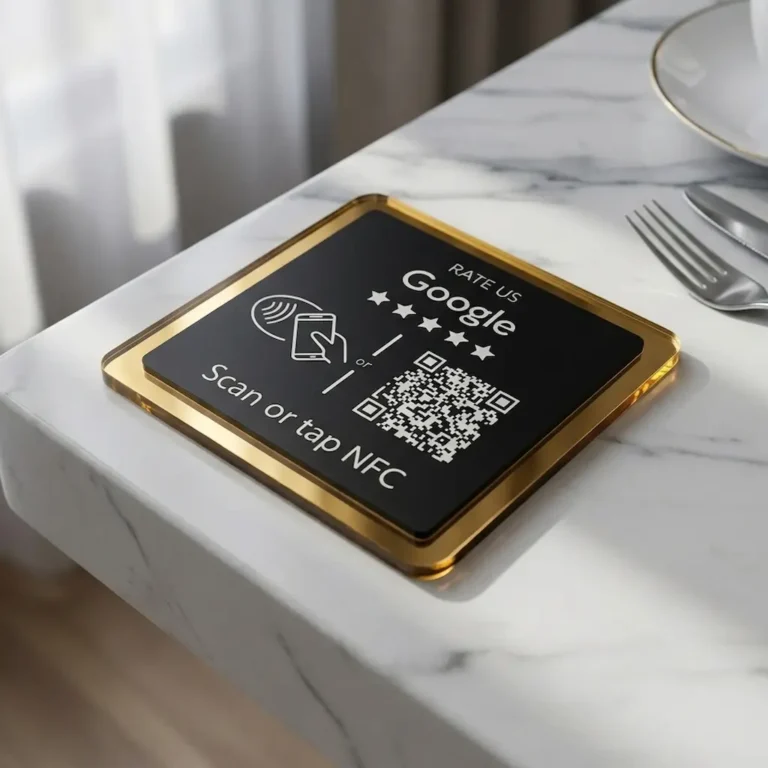 Stalo-informacine-lentele-su-qr-kodu-ir-NFC-Google-reviews-atsiliepimu-rinkimui-is-klientu-ant-marmurinio-stalo