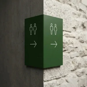 Modernus tamsiai žalias kampinis nuorodos ženklas su baltais WC simboliais ant akmeninės ir betono sienos