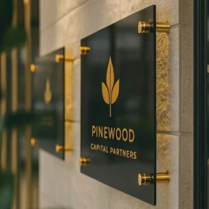 Prabangi juodo matinio akrilo informacinė lentelė su auksiniu Pinewood Capital Partners logotipu ir auksiniais distanciniais laikikliais ant akmens sienos
