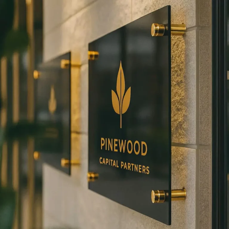 Prabangi juodo matinio akrilo informacinė lentelė su auksiniu Pinewood Capital Partners logotipu ir auksiniais distanciniais laikikliais ant akmens sienos