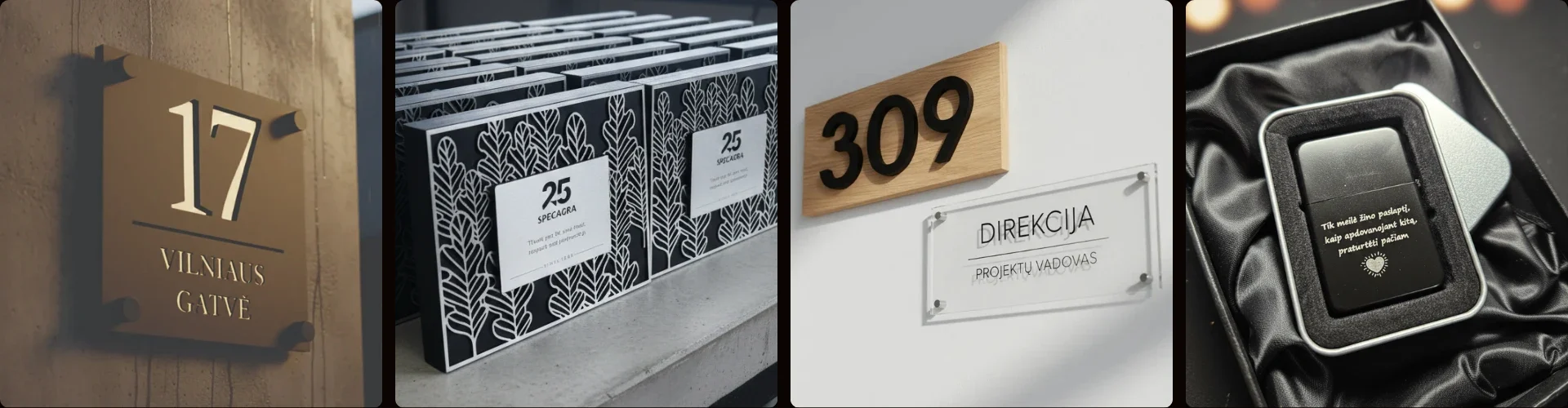 Reklamos gamyba ir graviravimo paslaugos: estetiški namo numeriai, kabinetų lentelės, verslo dovanos ir personalizuota spauda ant tekstilės